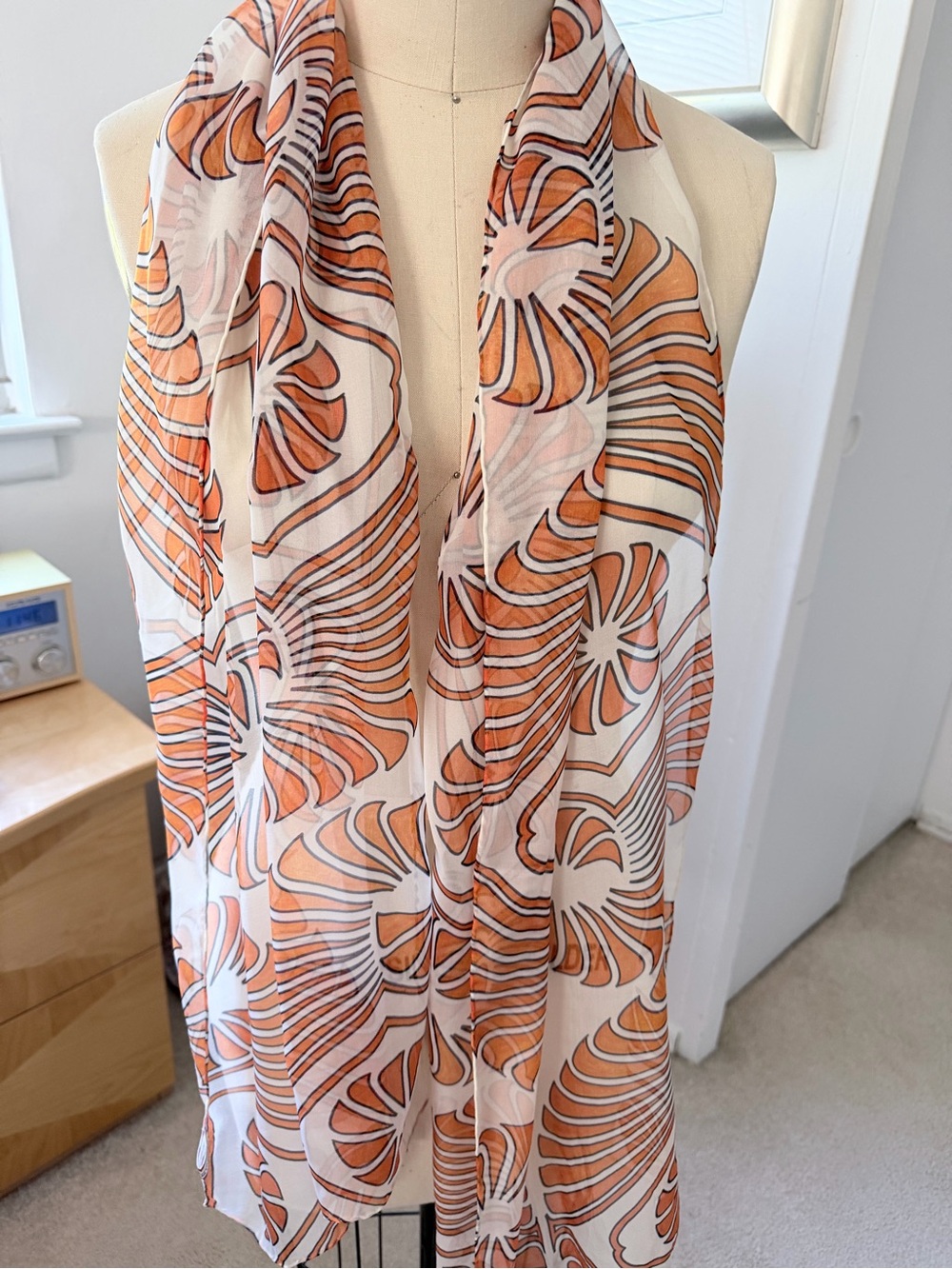Tom Yezza Abstract Geometric Shell Scarf Navy Blue Orange White